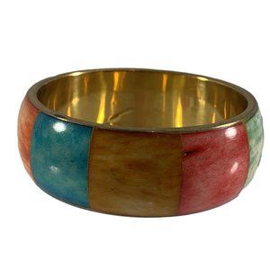 Vintage Multi Colored Bone Brass Bangle Bracelet 1.25" Wide Green Orange Blue